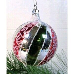 Vtg Glass Twisted Candy Striped Poland Xmas Ornament Green Red Silver Glitter